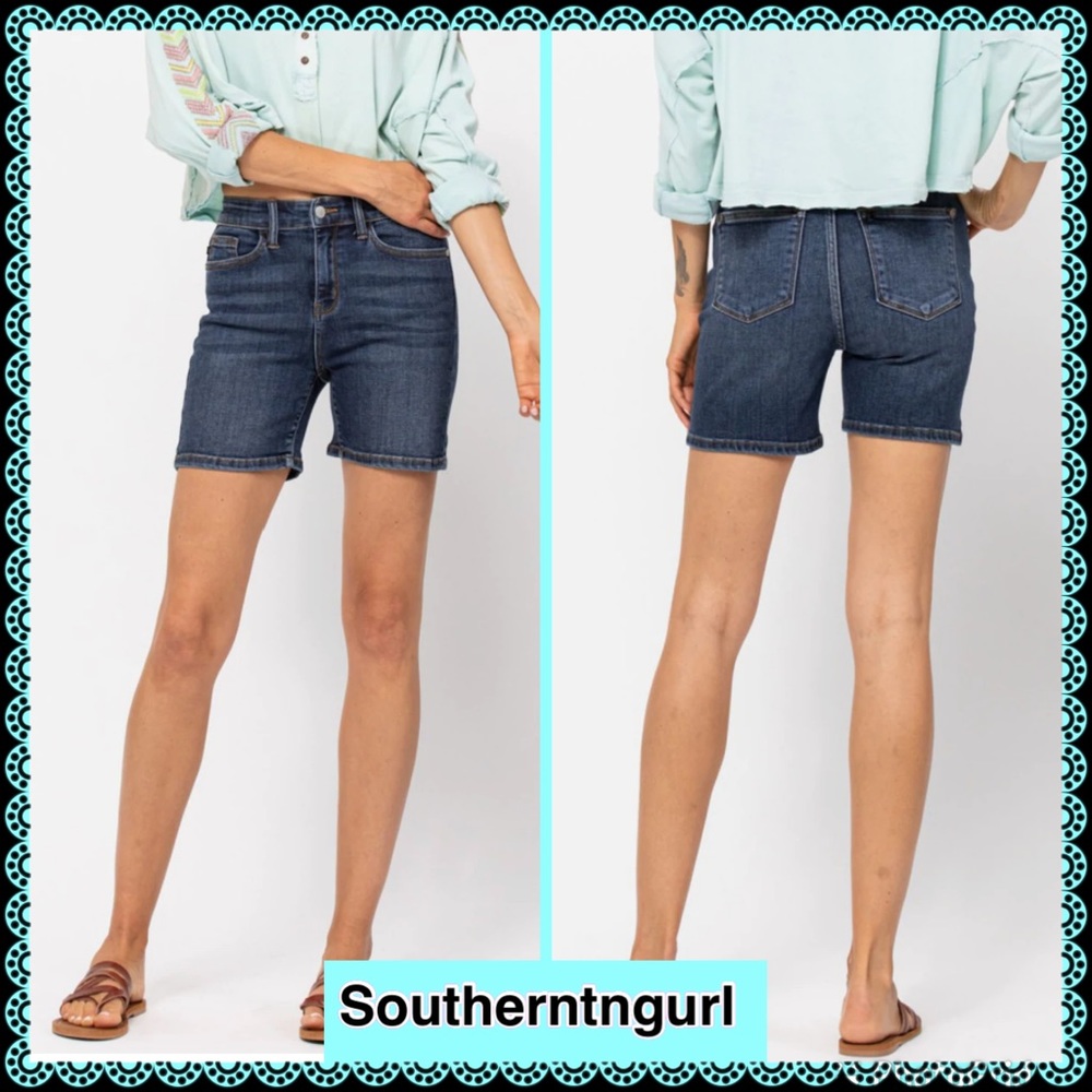NWT JUDY BLUE High Rise Mid Thigh Non Distressed Denim Shorts